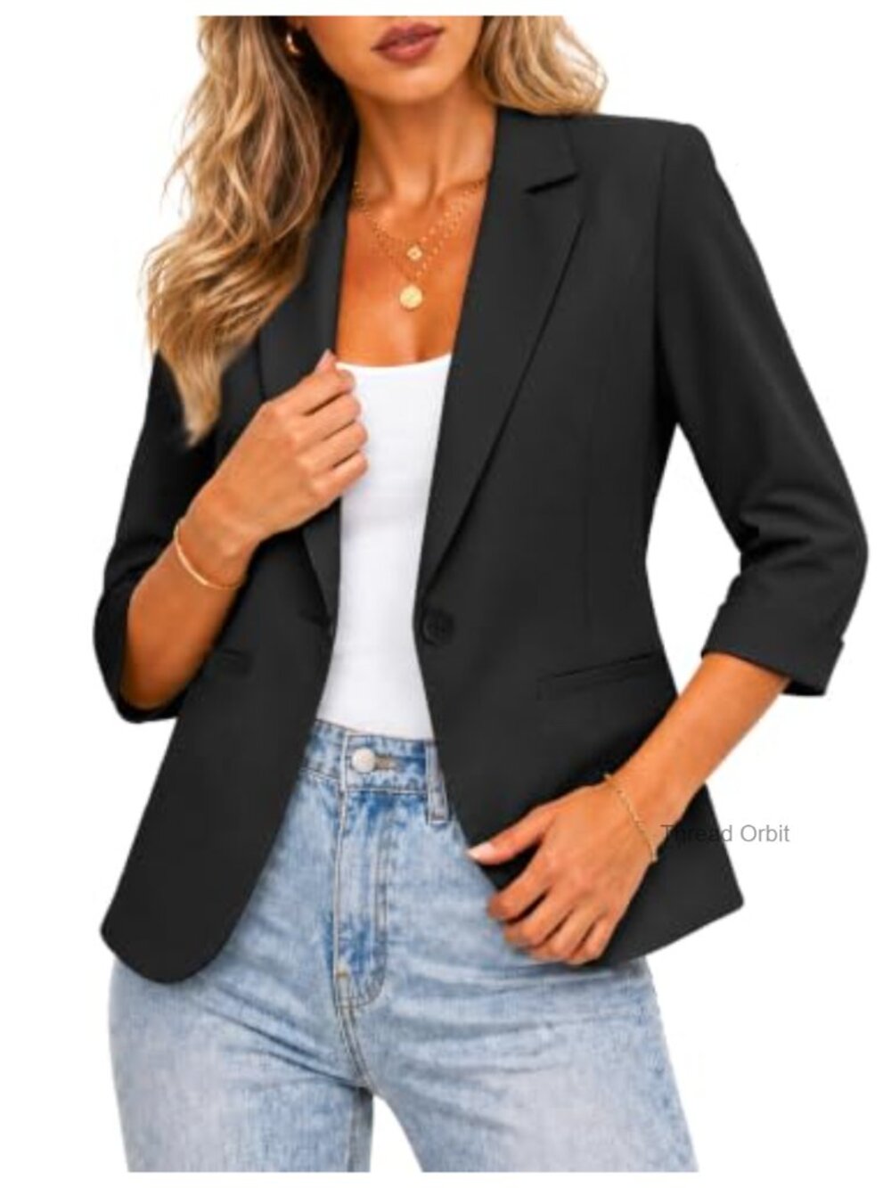Lightweight Casual Blazer 3/4 Sleeve Button Front Lapel Office Jacket